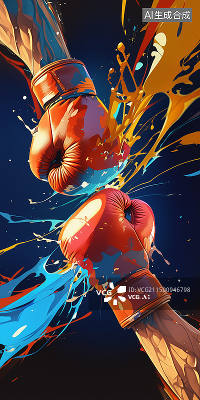 【AI数字艺术】夸张拳击拳套对打迸溅气浪火光的黑底插画图片素材