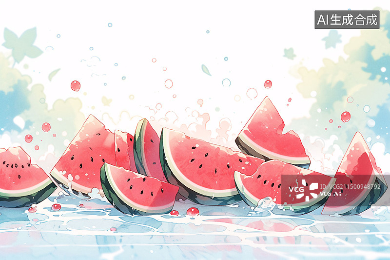 【AI数字艺术】夏天清爽西瓜插画，立夏节气西瓜美食场景插图图片素材