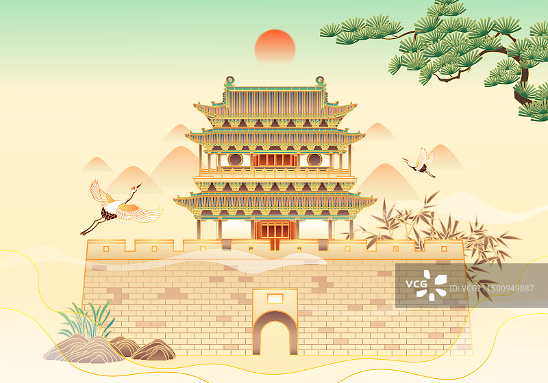 山西平遥古城南门迎薰门古建筑插画图片素材