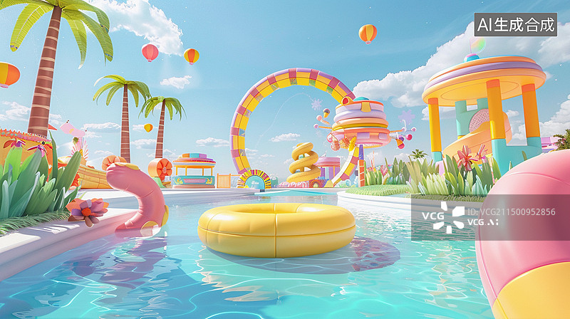 【AI数字艺术】夏日清新膨胀风格——水上游乐园图片素材