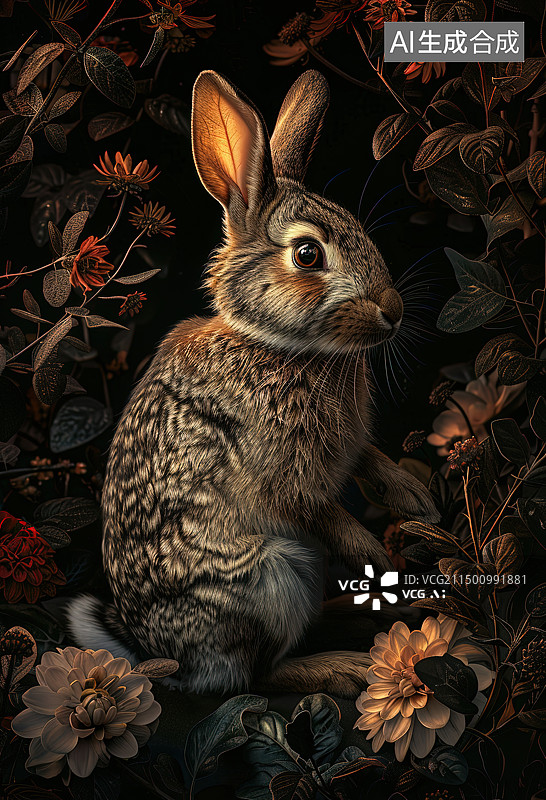 【AI数字艺术】黑色背景下的兔子特写镜头图片素材