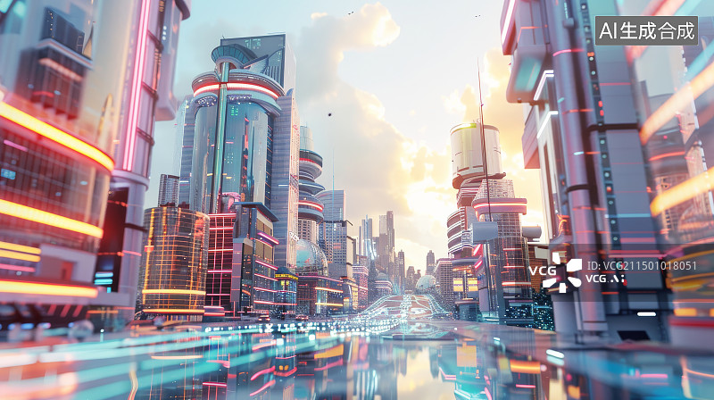 【AI数字艺术】拂晓时分的未来城市景观图片素材