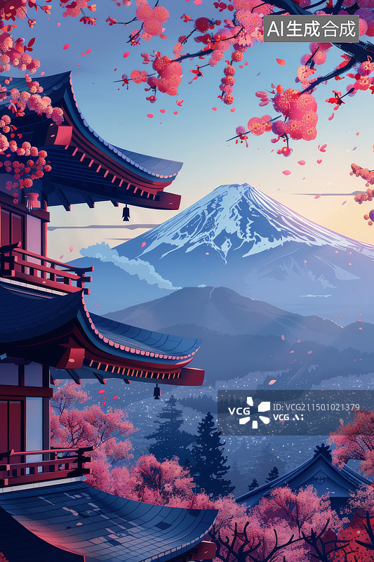 【AI数字艺术】富士山与樱花的宁静景观图片素材