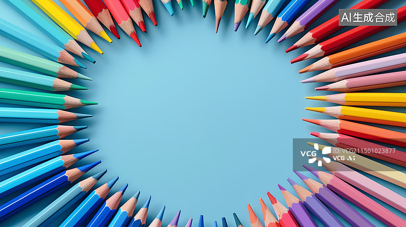 【AI数字艺术】高角度的彩色铅笔在蓝色背景图片素材