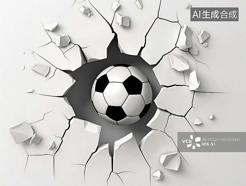 【AI数字艺术】破墙而出的3D足球图片素材