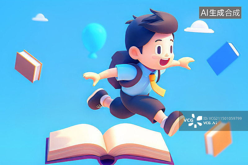 【AI数字艺术】一个身穿校服背着书包的小男孩跳过一本打开书本，3D插画，开学季概念图片素材