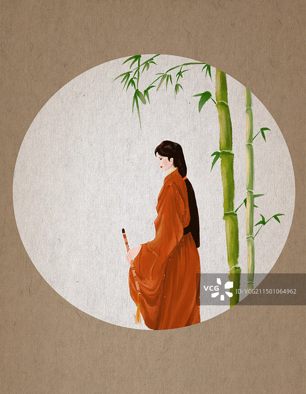 翠竹下拿笛子的红衣古风女子图片素材