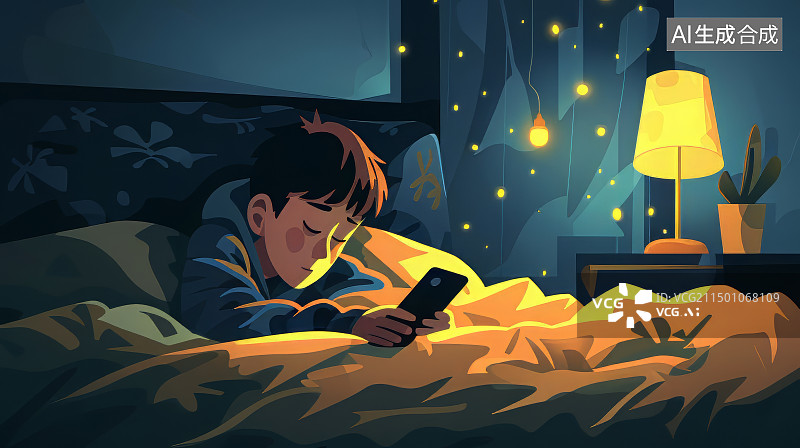 【AI数字艺术】一个男孩在床上熬夜上瘾玩手机游戏，亲子家庭教育概念图片素材
