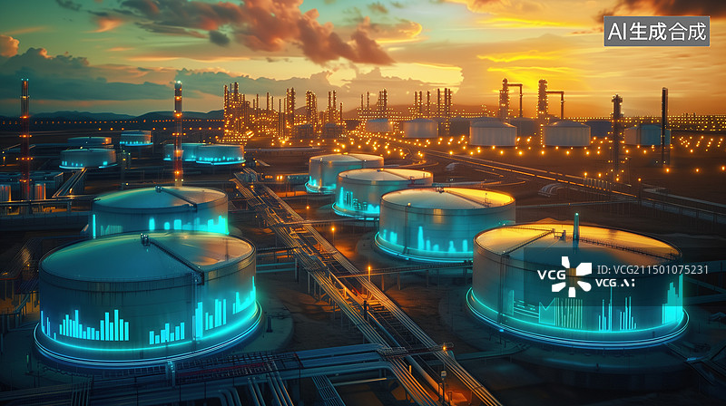 【AI数字艺术】巨型油罐上的炼油厂工业全息图与数据和图表，高科技概念在工业中的应用图片素材