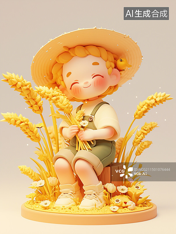 【AI数字艺术】收获小麦的小孩 卡通 节气图片素材