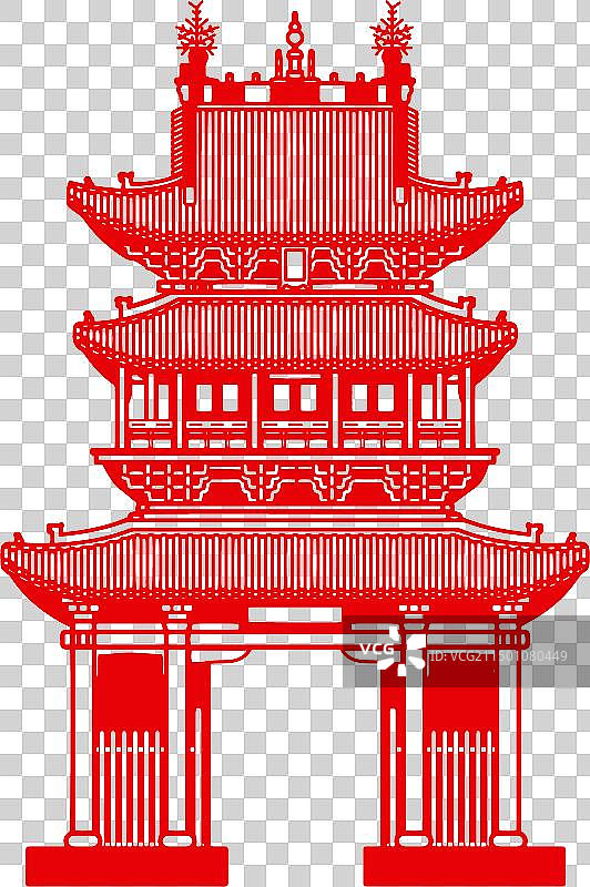 红色剪纸平遥古城市楼古建筑插画图片素材