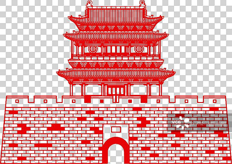 红色剪纸平遥古城南门古建筑插画图片素材