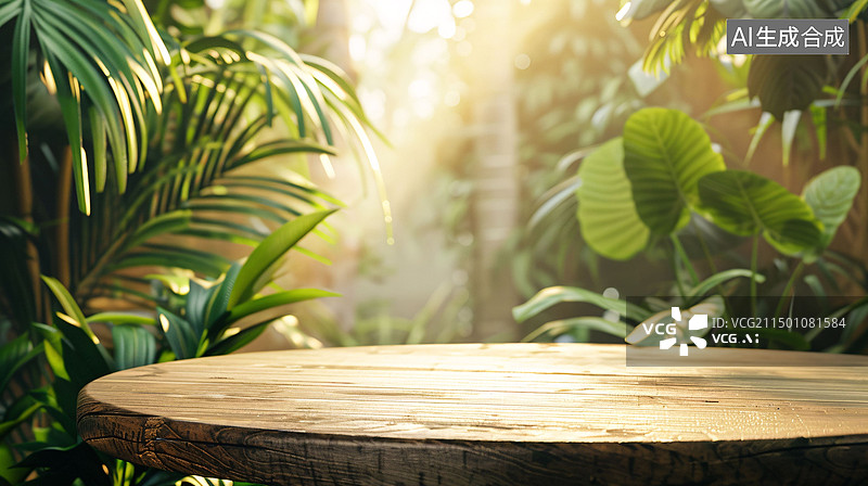 【AI数字艺术】绿叶实木商品展台抽象互联网电商产品背景图片素材
