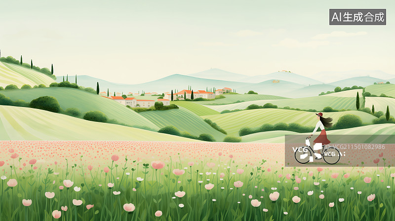 【AI数字艺术】春天花海 骑自行的女孩 背景图片素材