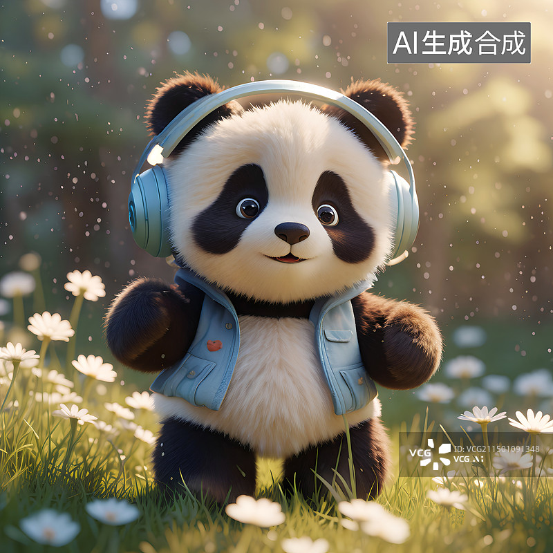 【AI数字艺术】草地上一只戴着耳机听音乐的可爱大熊猫宝宝图片素材