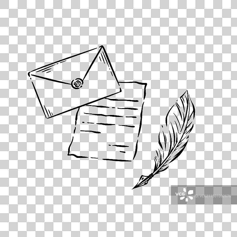 复古羽毛笔信封线稿图片素材