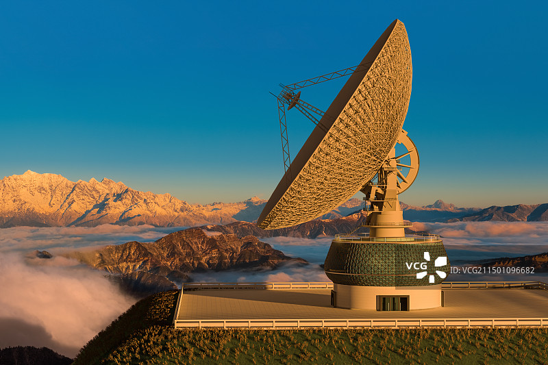 3D渲染射电望远镜为前景，背景为牛背山风光，合成图像。图片素材