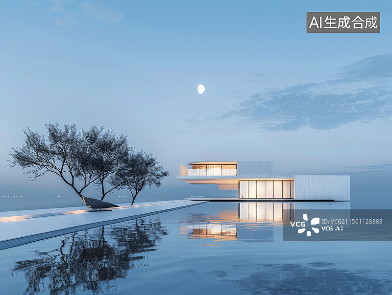 【AI数字艺术】湖面亭台楼阁倒影素材图片图片素材