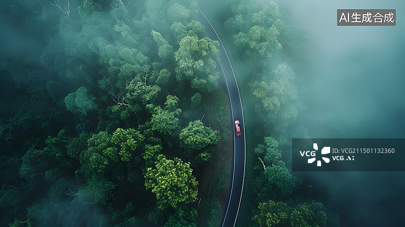 【AI数字艺术】航拍云雾中的森林公路图片素材