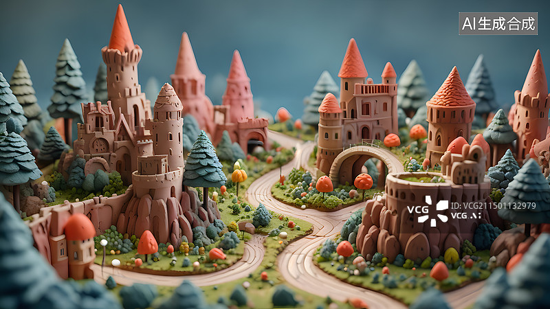 【AI数字艺术】城堡微缩景观，3D，移轴，世界图片素材