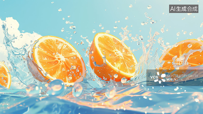 【AI数字艺术】橙汁柠檬加冰块溅起的水花图片素材