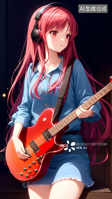 【AI数字艺术】一个弹吉他的女乐手，吉他手，电吉他，贝斯，耳机，二次元音乐少女图片素材