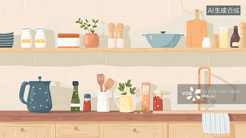 【AI数字艺术】温馨有序的厨房图片素材