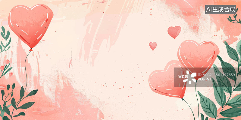 【AI数字艺术】粉红色背景下的心形树叶背景图片素材