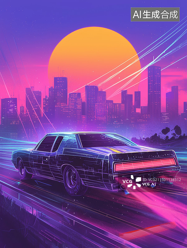 【AI数字艺术】赛博朋克风汽车行驶在城市道路上转弯竖幅插画图片素材