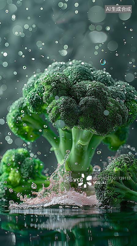 【AI数字艺术】水花溅到翠绿的西兰花图片素材