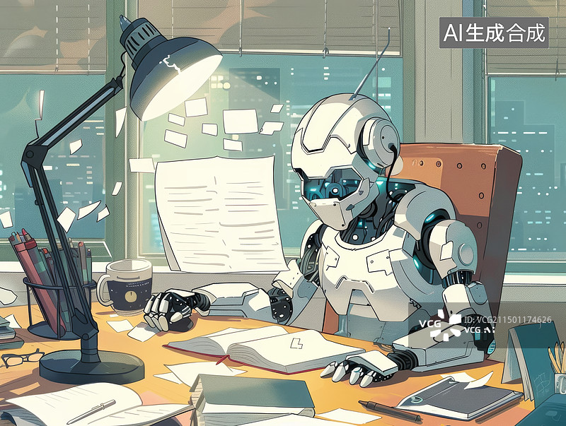 【AI数字艺术】办公桌前工作的可爱机器人图片素材