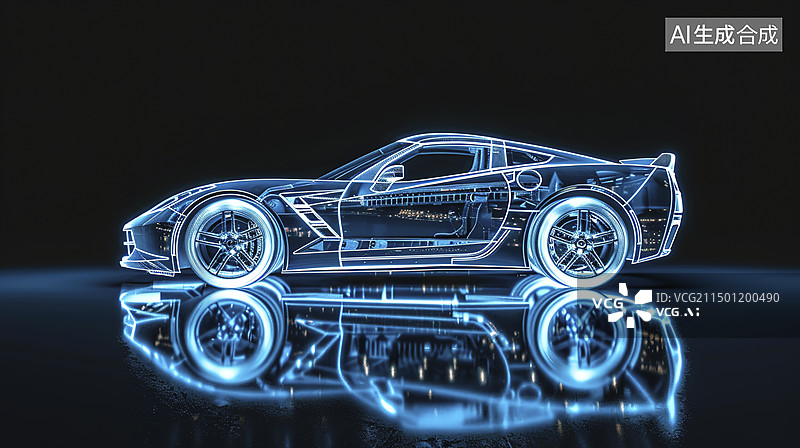 【AI数字艺术】蓝色发光汽车线条画图片素材