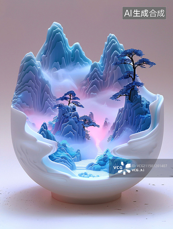 【AI数字艺术】微观场景创意青花瓷山水画茶碗写意艺术插画图片素材