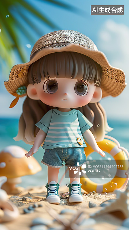 【AI数字艺术】在海边的小女孩 卡通图片素材