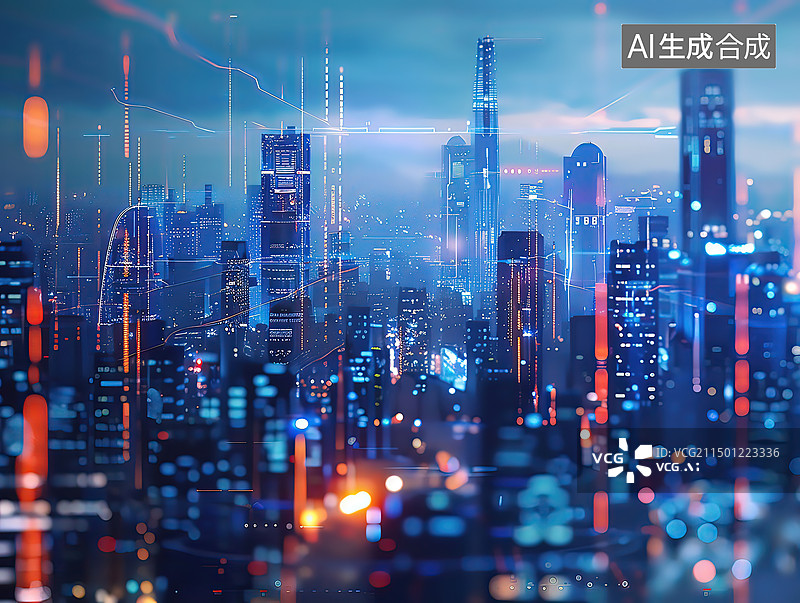 【AI数字艺术】城市天际线和网络数据概念图片素材