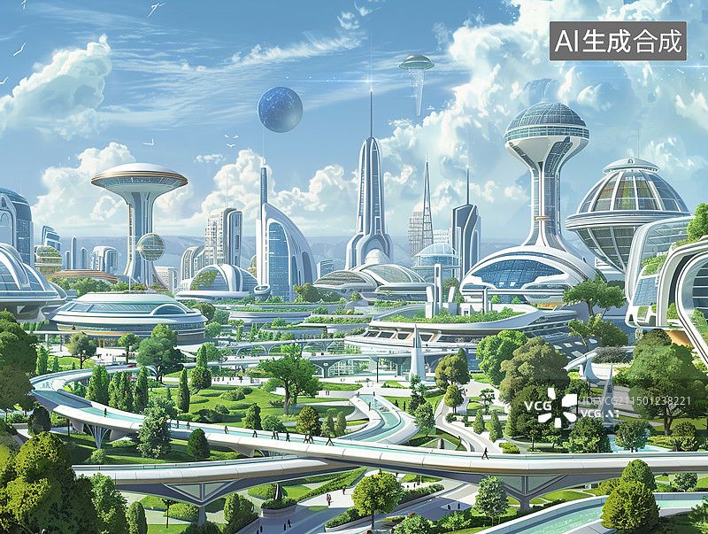 【AI数字艺术】未来科技都市插画，超现实主义图片素材