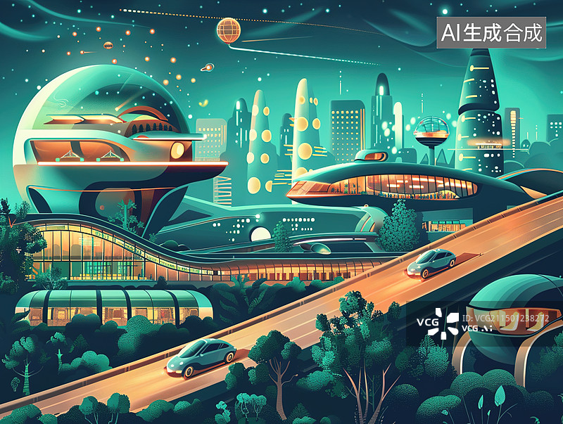 【AI数字艺术】未来科技都市插画，超现实主义图片素材