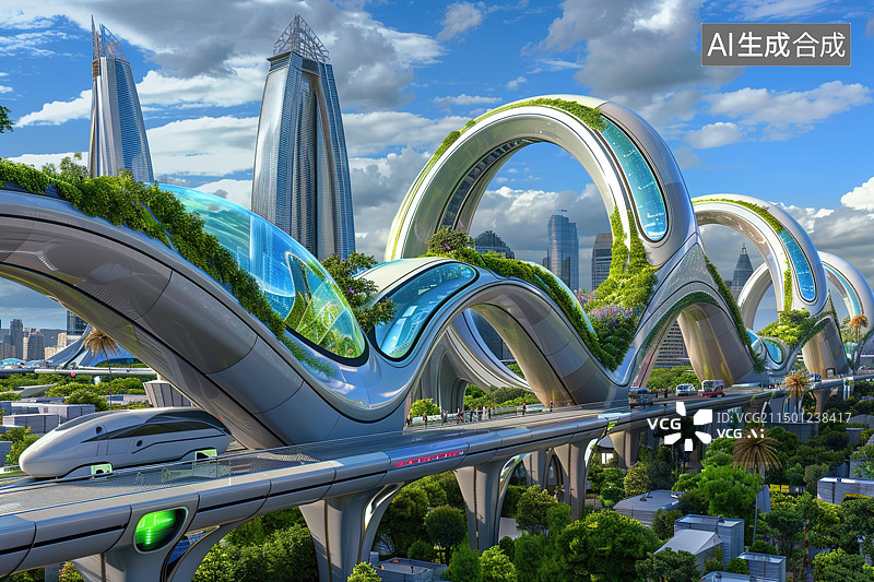 【AI数字艺术】未来科技都市插画，超现实主义图片素材