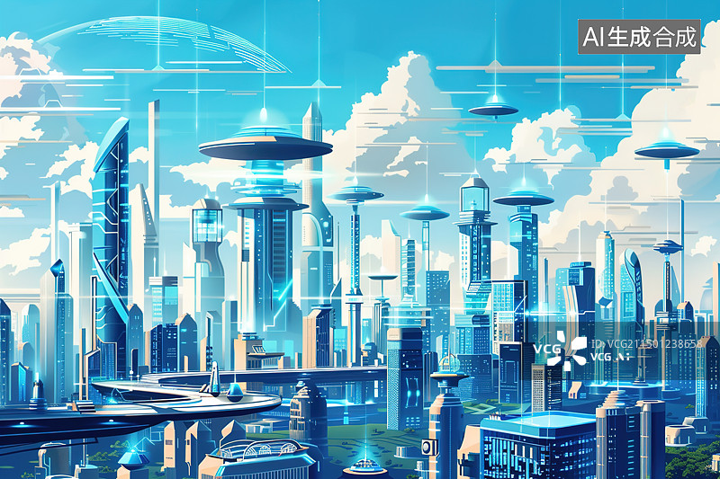 【AI数字艺术】未来科技都市插画，超现实主义图片素材