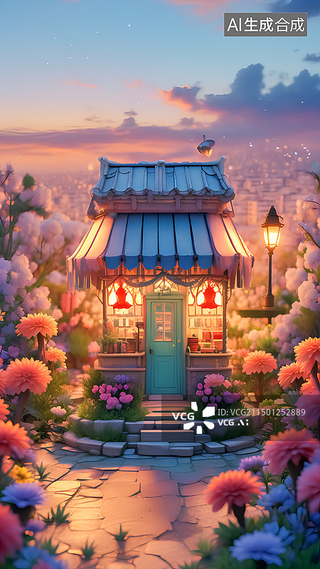 【AI数字艺术】花园中的小卖部三维插画图片素材