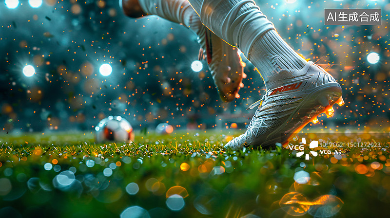 【AI数字艺术】足球运动员在球场上踢球 脚部特写图片素材