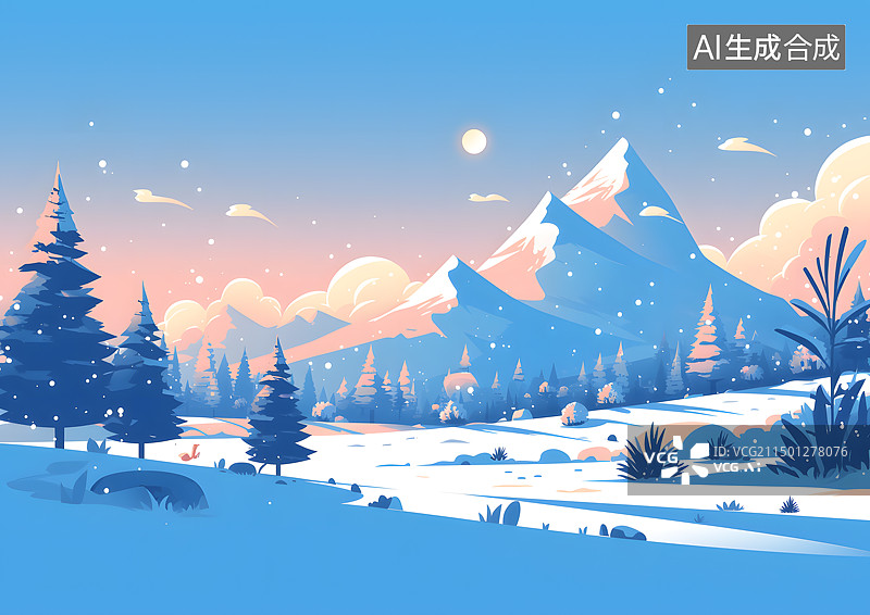 【AI数字艺术】卡通插画冬天白茫茫的雪地图片素材
