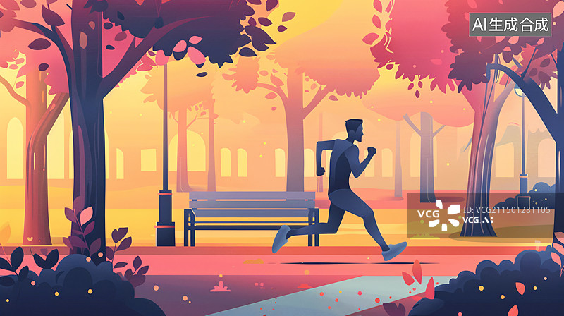 【AI数字艺术】男人在公园跑步训练插画图片素材