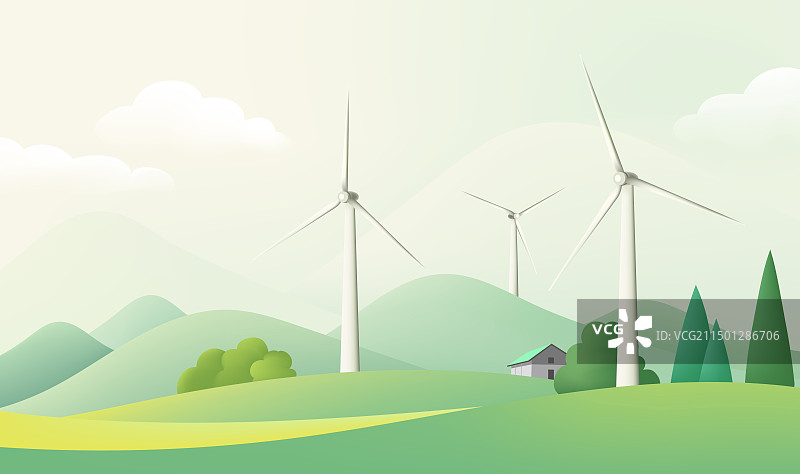 绿色原野上的风力涡轮机的卡通插图。图片素材