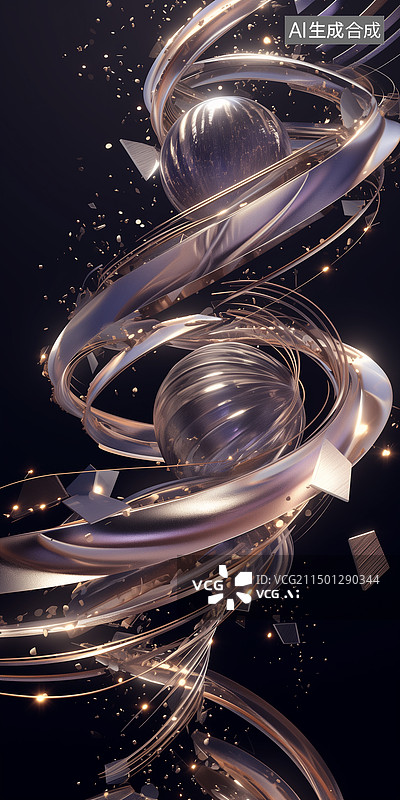 【AI数字艺术】黑底抽象科幻金属闪光螺旋结构3D立体插画背景图片素材