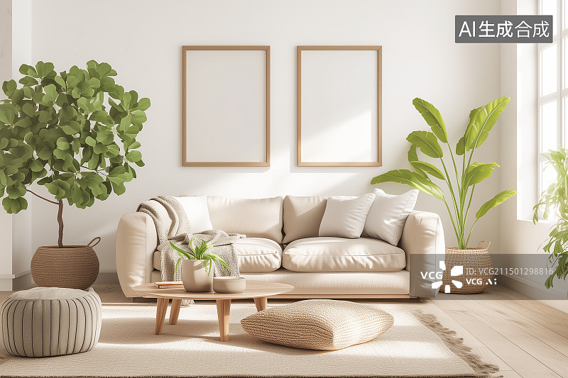 【AI数字艺术】波西米亚风格客厅沙发上面的空白模型画框图片素材