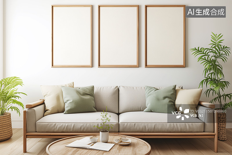 【AI数字艺术】波西米亚风格客厅沙发上面的空白模型画框图片素材