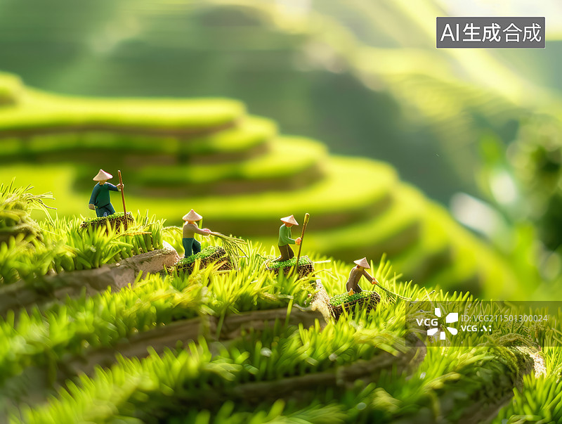 【AI数字艺术】绿色梯田上的微观世界图片素材
