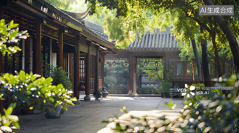 【AI数字艺术】中国风庭院插画图片素材