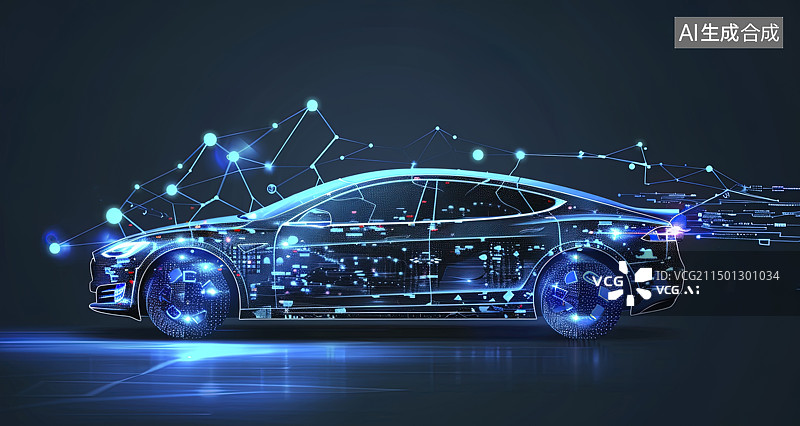 【AI数字艺术】新能源未来感汽车概念艺术蓝色背景，蓝色光线和发光线条图片素材